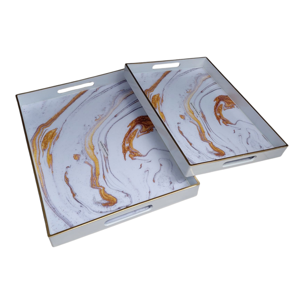 Serving Tray Rectangular 2pc Set White &amp; Gold Design