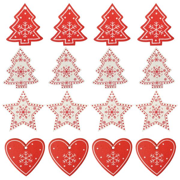 16PCS Mixed DIY White&amp;Red Tree/Heart/Star Wooden Ornaments For Christmas Pa