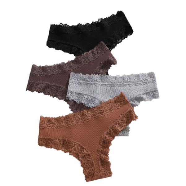 4-Piece Lace-Trimmed Ribbed Thong Set - Small - Multicolor