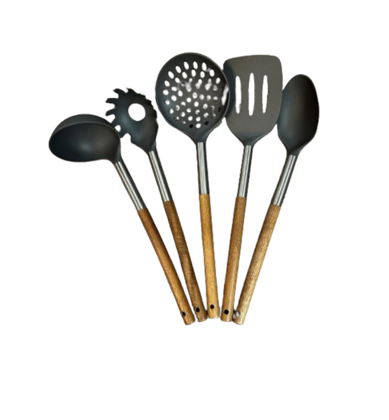 Nylon and Acacia Kitchen Utensil Set - 5-Piece