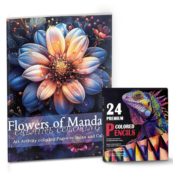 Flowers of Mandala Adult Coloring Book Set with 24 Premium Colored Pencils