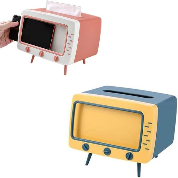 2-in-1 Home Decor: TV-Shape Phone Holder &amp; Tissue Box for Desktop