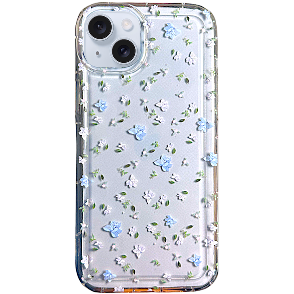 Clear - Phone Case with Blue &amp; White Floral &amp; Bubble Edge - Iphone 14 Plus