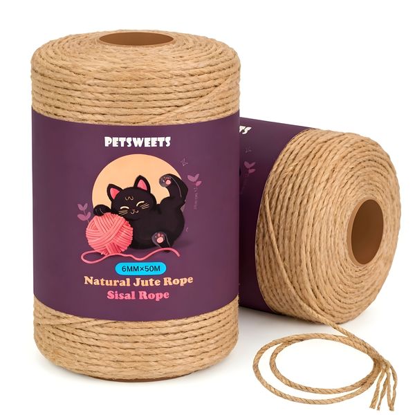 2 Rolls 50m x 6mm Sisal Rope for Cat Scratcher Rope for Scratching Post