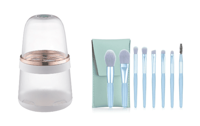 8 Piece Mini Makeup Brush Set &amp; Grey Cosmetic Brush Storage Combo