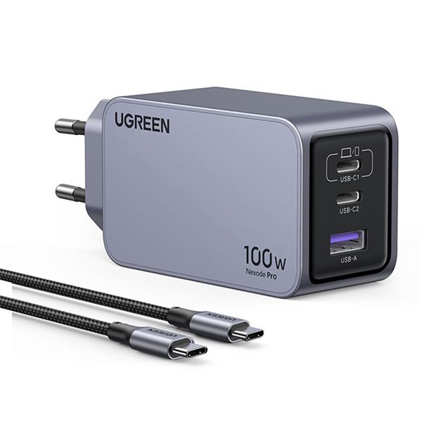 UGreen Nexode 3 Port 100W GaN PD USB-C Charger With Cable - Grey