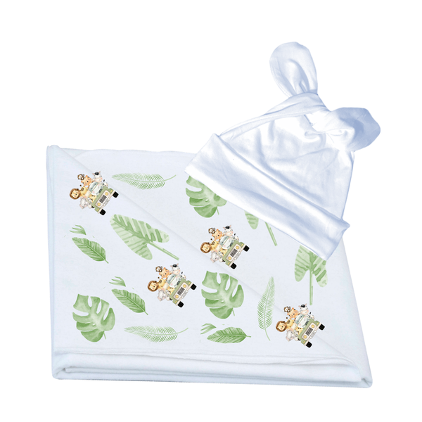 Baby Swaddle &amp; Newborn Knotted Beanie - Safari Prints