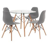 5 Piece Glass Table and Grey Wooden Leg Chairs