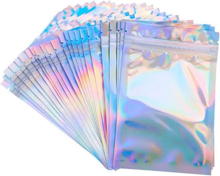 100Resealable Silver Holographic Window Bags Food Travel Packaging 12x20cm
