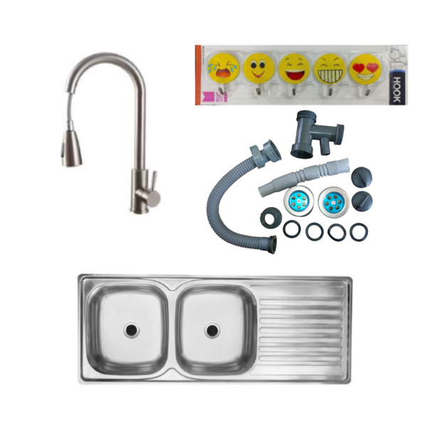Sink Double Non-drop in Sink with Silver Pull-out Faucet &amp; Glass Washer