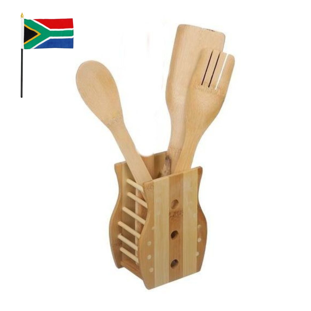 Kitchen Utensil Set Green with Holder Wooden Bamboo and SA Flag 3