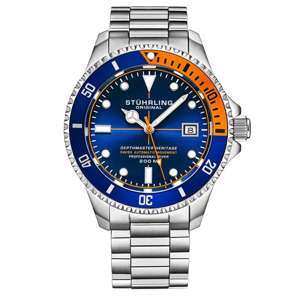 Men's Stainless Steel Automatic Watch Blue Face 20 ATM Blue and Orange