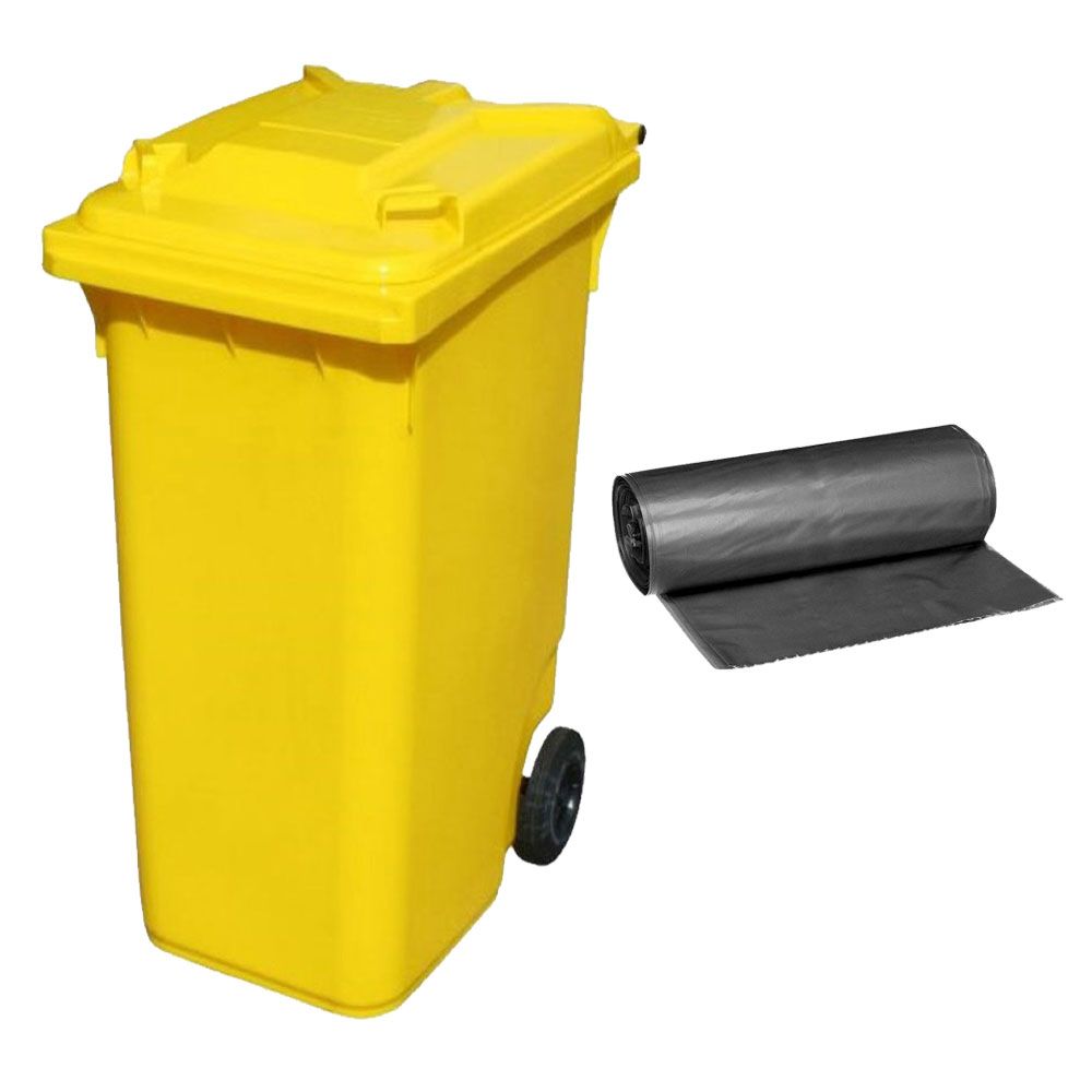 130L Wheelie Plastic Waste Bin Yellow & 10 Pack Refuse Bags Buy
