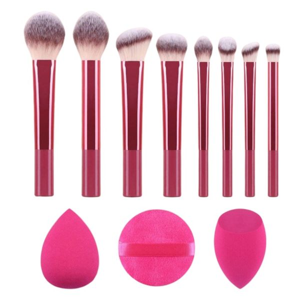 11-Piece Essential Makeup Brush Set With Beauty Blender Sponges - Pink