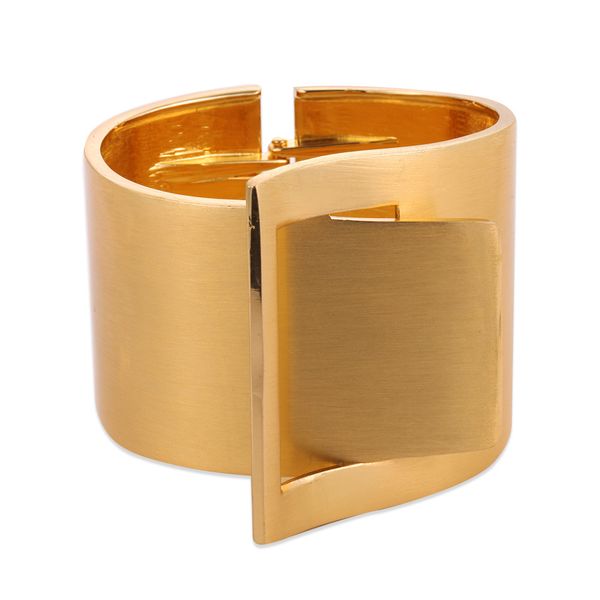 Wide Band Bracelet, Geometric Buckle, Smooth Gold Plated Bangle