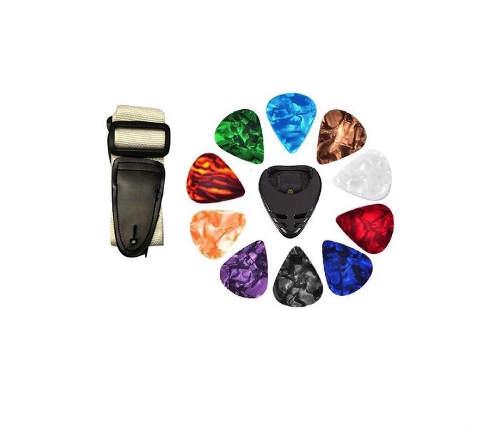 White Guitar Strap With Pick Box and Plectrums