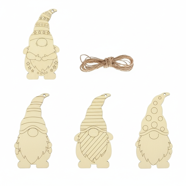 12 Piece Wooden Christmas Gnome Ornaments With Twine - Brown