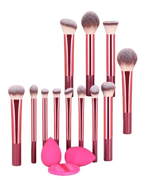 15 Piece Makeup Brush Set With Beauty Blenders &amp; Round Powder Puff - Pink