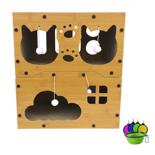 2-Tier Bamboo-Style Cat Scratcher House with Collapsible Travel Bowl Bundle
