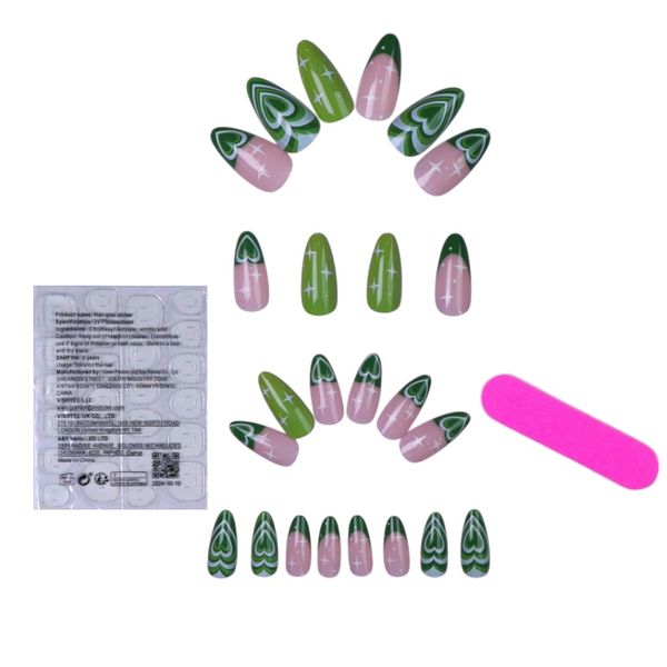 24Piece Long Almond Glossy Heart Design Press-On Nails - Green/White