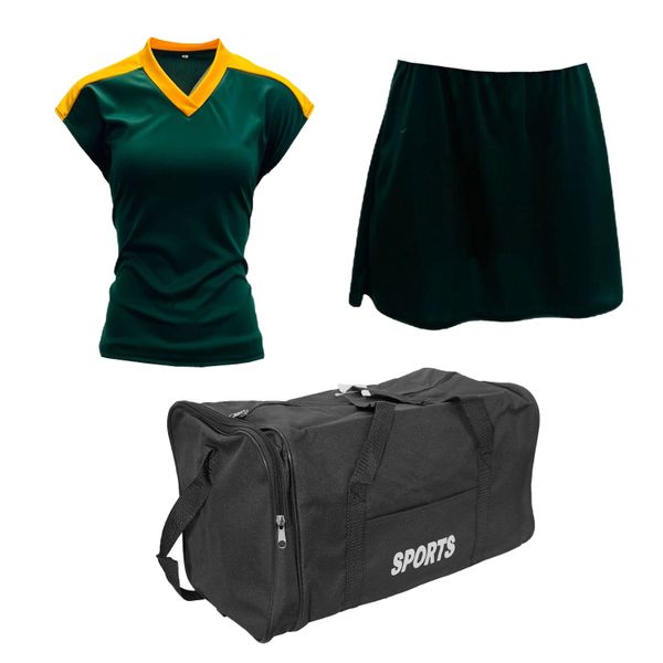 Netball Top/Skirt Kit Set for Womens Team of 10-Dark Green/Yellow &amp; Bag
