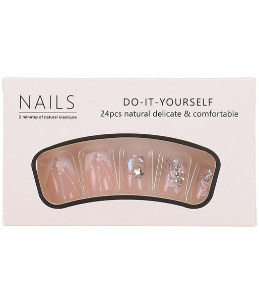 Press on Nails Square Nails French Tip False Nails with Star 24 Pieces