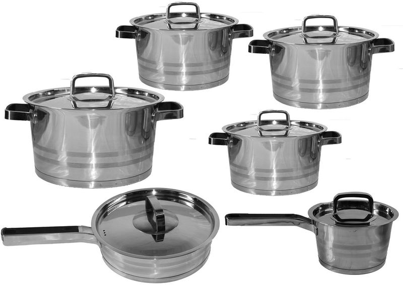 12 Piece Thermal Bottom Stainless Steel Cookware Set - Bruised Silver Trim