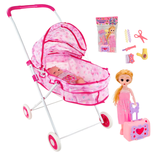 Pink Foldable Doll Stroller Toy With Wheels &amp; Princess Toy Gift Set