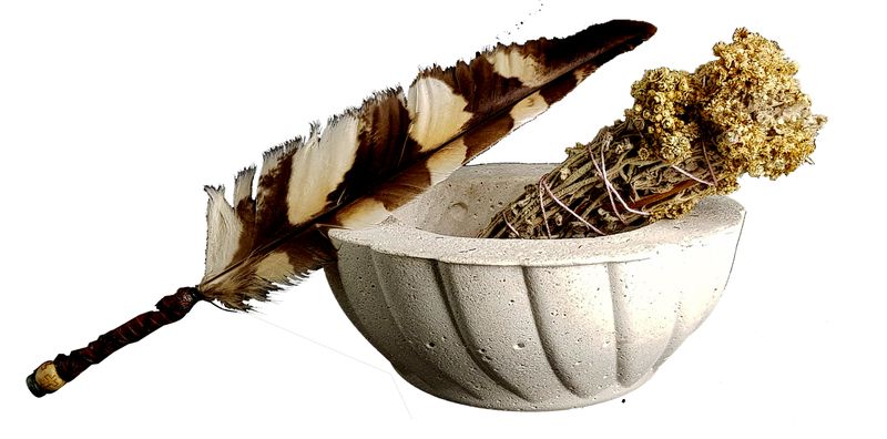 Cement Smudge Bowl and Imphepo Smudge Wand -Owl Smoke Feather Fan