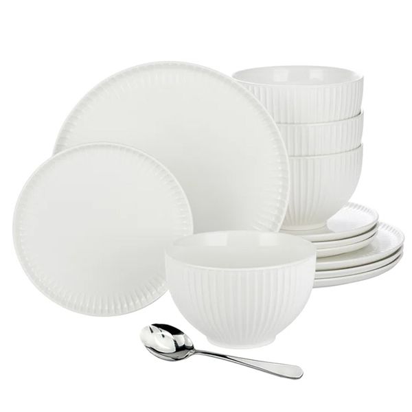 19 Piece - Classic Elegance Pure White Embossed Textured Dinnerware Set