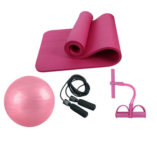 4-in-1 Fitness Yoga Mat, Pilates Ball, Ankle Puller, Jump Rope Set - Purple