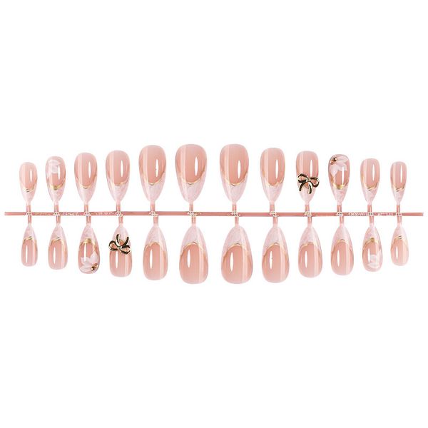 Cross-border French-style gold-edged bowknot press-on nails, almond-shaped,
