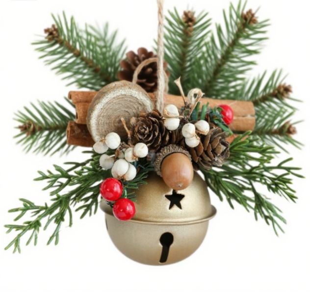 Christmas Gold Bell Car Ornament with Cinnamon Sticks and Pine Branches