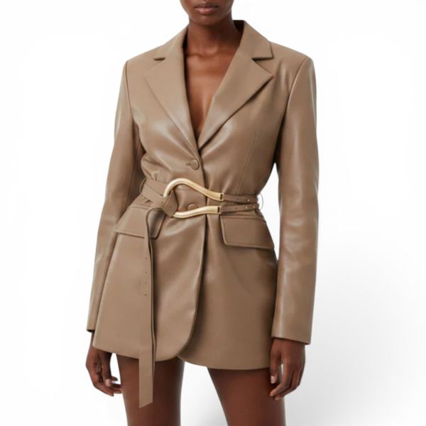 GlammeFab Classic Belted Faux Leather Blazer -Light Brown