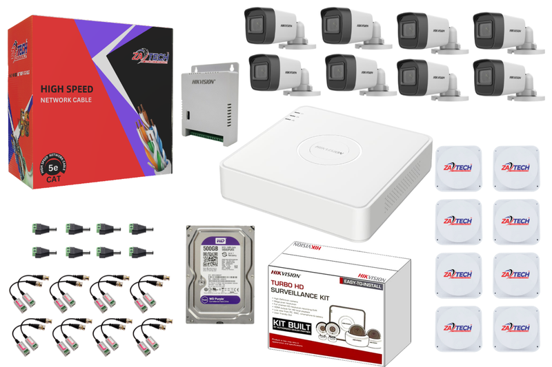 Hikvision 8CH Full Analog CCTV Kit - 500GB HDD, Zatech 100m Ethernet Cable