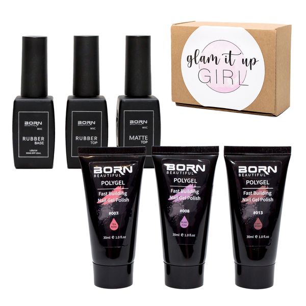Glam It Up Girl/UV LED Rubber Base,Top&amp;Matt Coat with 3 Polygel Colours