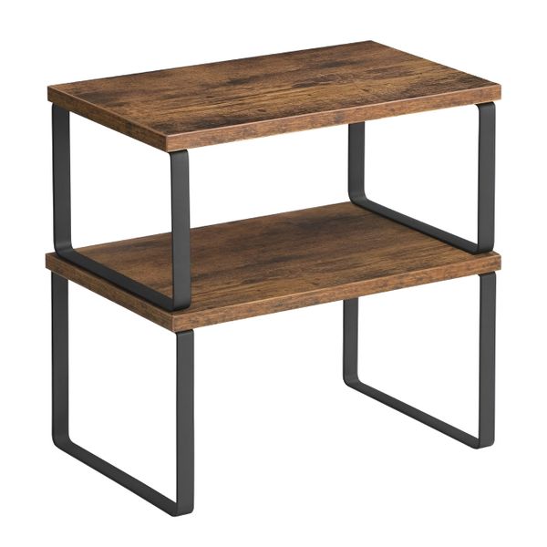 2 Pcs Adjustable Wood &amp; Iron Kitchen Counter Shelf Organizer - Brown
