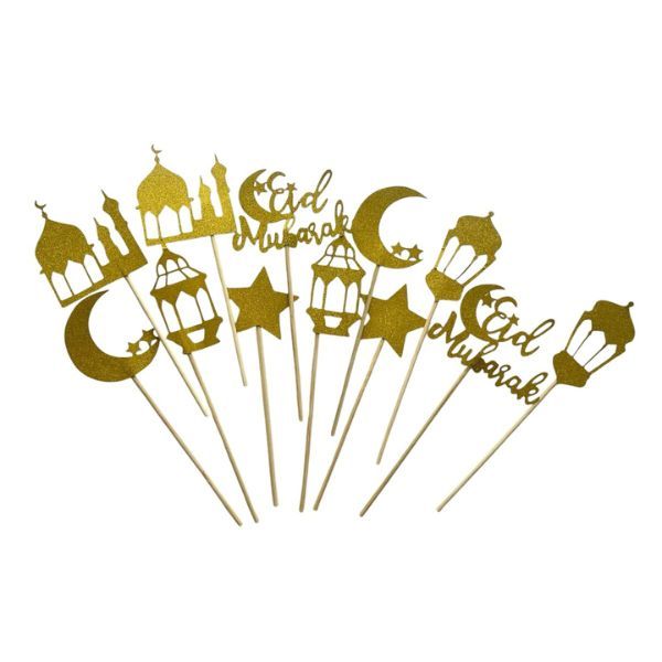 Eid Mubarak Cup Cake Decoration - Gold Glitter Stars &amp; Moon - 12 Pack