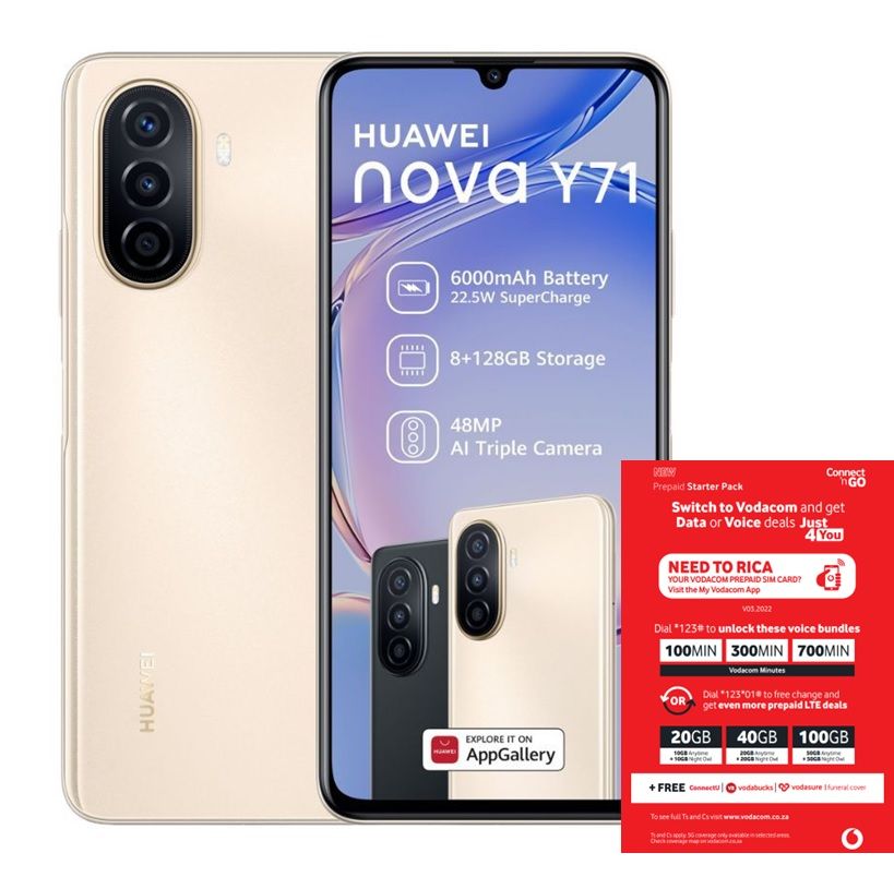 Huawei Nova Y71 128GB LTE Dual Sim - Gold + Vodacom SIM Card Pack