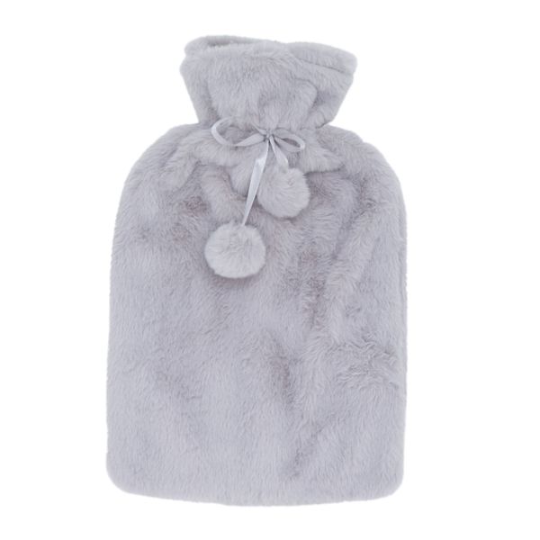 Jenam 2L Grey Faux Fur Hot Water Bottle with Pom Pom Cover