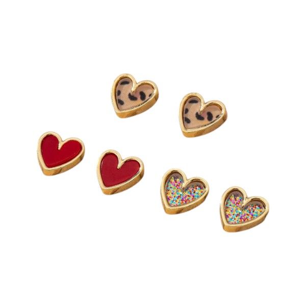 Set Of 3 - Heart-Shaped Stud Earrings With Different Styles - Multi-Colour