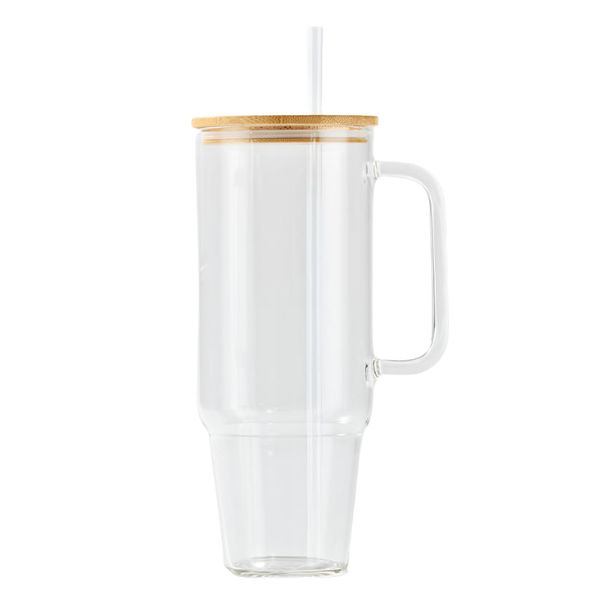 Glass Tumbler Bamboo Lid - Glass Straw for Iced Coffee, Water &amp; Tea - 1.2L