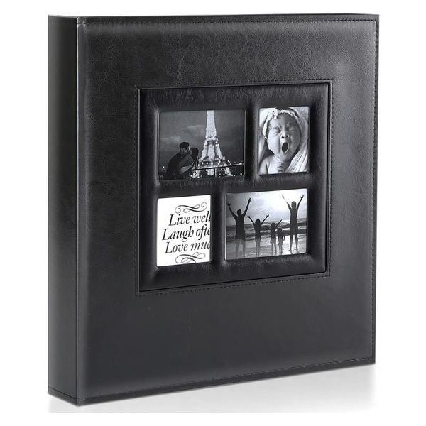 600 Pockets PU Leather Photo Album with Window Cover - Black