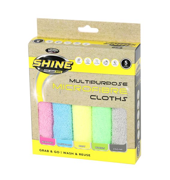 Moto Quip Shine Multipurpose Microfiber Cloths Asstd Colours 5Piece - 32x32cm