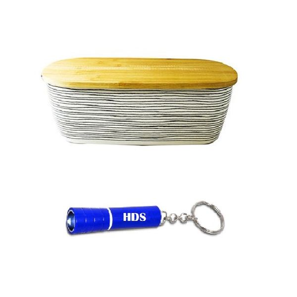 2 in 1 Bamboo Bread Bin and Board - White and Black Stripe with HDS Torch