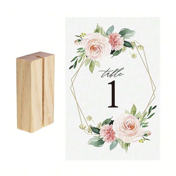 Floral Wedding Cardboard Table Numbers with Wooden Base - 26 Sets