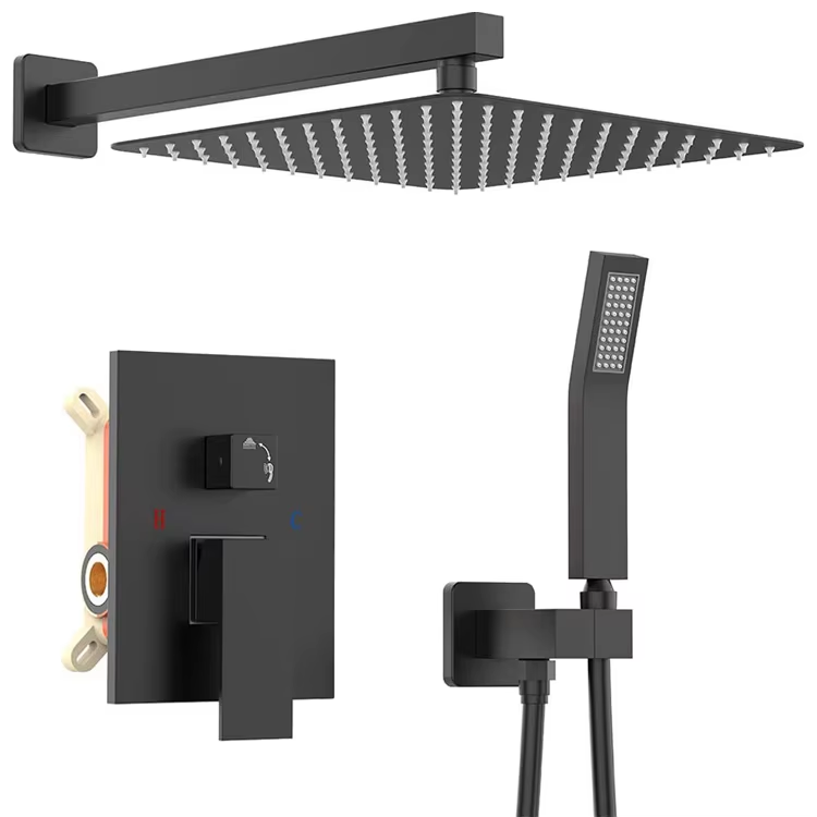 Matte Black 2 Functions 25cm Square Shower Set With Hand Shower - 7010B