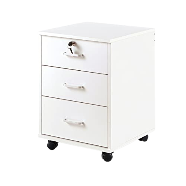 White MDF Mobile File Cabinet - 3 Drawers with Lock &amp; Wheels