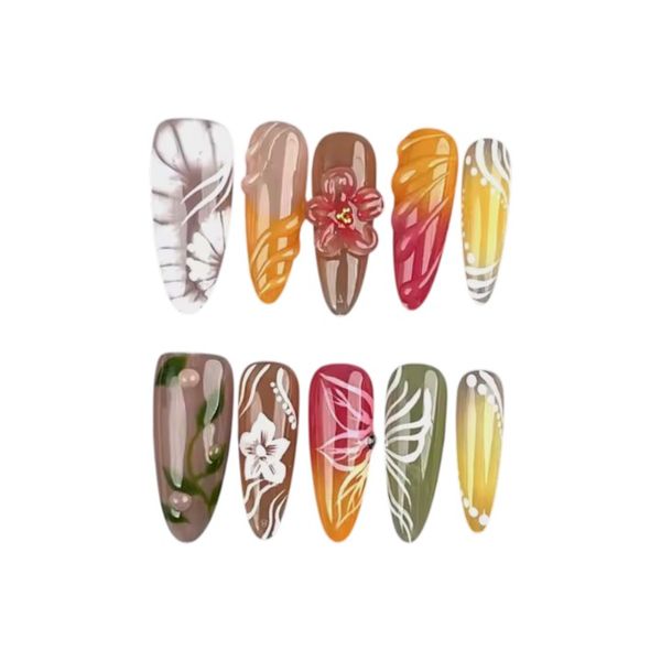 10 Piece - Mystic Floral Flow Almond Press-On Nails - Multicolor
