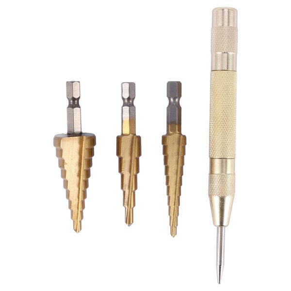 3 pcs HSS Titanium Step Drill Bit Set &amp; 1 Automatic Center Punch